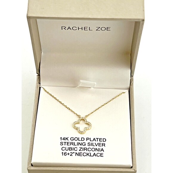 RACHEL ZOE 14K Gold Plated Sterling Silver Clover Necklace Cubic Zirconia NIB - Picture 1 of 11